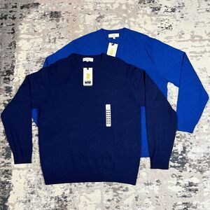 New Turnbury Lot Of 2 Merino Wool Biella Yarn V Neck Blue Navy Sweater NWT Sz L